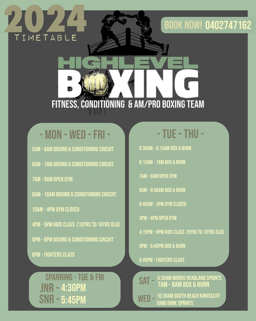 TIMETABLE 2024 HIGH LEVEL BOXING GYM - Casuarina Kingscliff Tweed Heads Movement Fitness Club